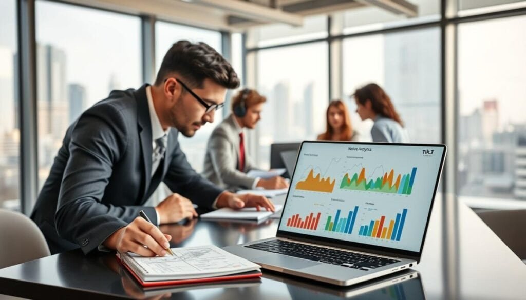 A modern office environment serves as the backdrop, filled with large windows allowing natural light to flood the space. In the foreground, a sleek laptop displays colorful graphs and charts representing TikTok native analytics. Beside the laptop, a notepad with handwritten notes reflects a deep analysis of social media metrics. A professional in business attire, focused and engaged, leans over the desk, analyzing the data. In the middle ground, a group of diverse professionals engaged in discussion, sharing insights from their screens. Soft, diffused lighting emphasizes a collaborative atmosphere, while blurred cityscapes outside hint at the dynamic digital marketing world. A sense of urgency and innovation permeates the scene, reflecting the challenges and limitations of relying solely on native analytics. A modern office environment serves as the backdrop, filled with large windows allowing natural light to flood the space. In the foreground, a sleek laptop displays colorful graphs and charts representing TikTok native analytics. Beside the laptop, a notepad with handwritten notes reflects a deep analysis of social media metrics. A professional in business attire, focused and engaged, leans over the desk, analyzing the data. In the middle ground, a group of diverse professionals engaged in discussion, sharing insights from their screens. Soft, diffused lighting emphasizes a collaborative atmosphere, while blurred cityscapes outside hint at the dynamic digital marketing world. A sense of urgency and innovation permeates the scene, reflecting the challenges and limitations of relying solely on native analytics.
