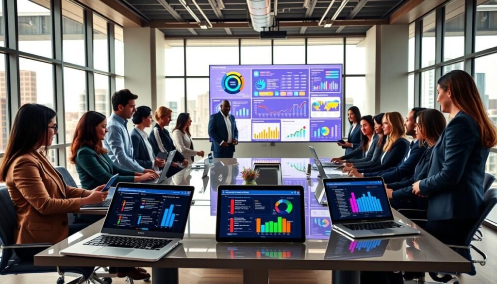 A modern office environment showcasing CRM systems enhancing customer experience. In the foreground, a diverse group of professionals in business attire collaborates around a sleek conference table, with laptops and digital tablets displaying colorful dashboards and customer data analytics. The middle ground features a large screen displaying vibrant infographics related to customer engagement and satisfaction metrics. In the background, large windows allow natural light to flood the space, with a city skyline visible. The atmosphere is dynamic and focused, reflecting innovation and teamwork. Use bright, warm lighting to create an inviting and positive mood, shot from a slightly elevated angle to capture the entire scene effectively.