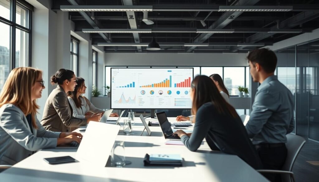 A modern office environment showcasing a collaborative workspace. In the foreground, a diverse group of professionals dressed in business attire, actively engaging in a brainstorming session around a sleek table filled with laptops and design mockups. In the middle, focus on a large smart screen displaying graphs and charts, emphasizing data analysis and quality control in AI image generation. Bright, natural light filters through large windows, casting soft shadows, creating a productive and innovative atmosphere. The background reveals a contemporary office design with minimalist décor, symbolizing efficiency and forward-thinking. Capture the essence of teamwork and technology, reflecting a vibrant and motivating mood, ideal for discussing best practices in AI image tools.