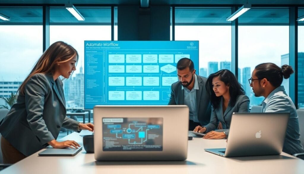 A modern office environment showcasing a digital workflow activity. In the foreground, a diverse team of three professionals, a woman in a smart blazer, a man in a crisp shirt, and a woman in business casual attire, are gathered around a large table, engaged in discussion over a laptop displaying a flowchart. In the middle ground, a high-tech digital screen shows various automation workflows and troubleshooting steps, illuminated with soft, ambient lighting. The background features large windows with a view of a city skyline, allowing natural light to filter in, creating an energetic yet focused atmosphere. The composition conveys a sense of collaboration and problem-solving, with cool blue and green tones prevalent throughout. The scene captures a moment of teamwork aimed at enhancing efficiency in workflow processes.