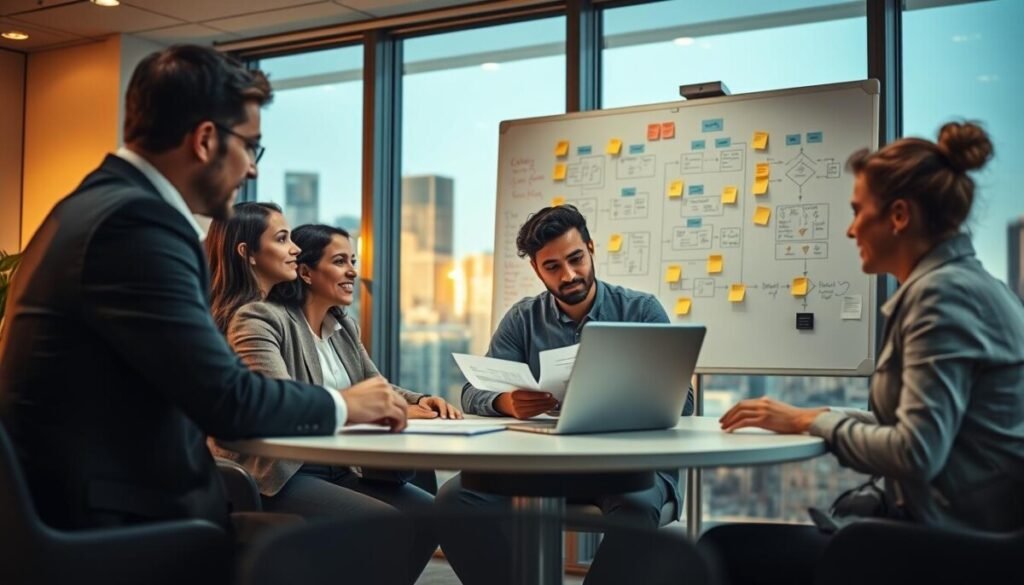 A modern office environment showcasing a diverse group of professionals engaged in dynamic discussions. In the foreground, two individuals in business attire are seated at a round table, intently sharing ideas and analyzing reports on a laptop. The middle ground features a large whiteboard filled with flowcharts and post-it notes, symbolizing workflow automation strategies. In the background, a window reveals a city skyline, with warm, natural light streaming in, creating an inviting atmosphere. The image is captured with a slightly blurred depth of field to emphasize the engaged interaction in the foreground, while soft lighting enhances the focus on teamwork and management concepts. A sense of collaboration and productivity permeates the scene.
