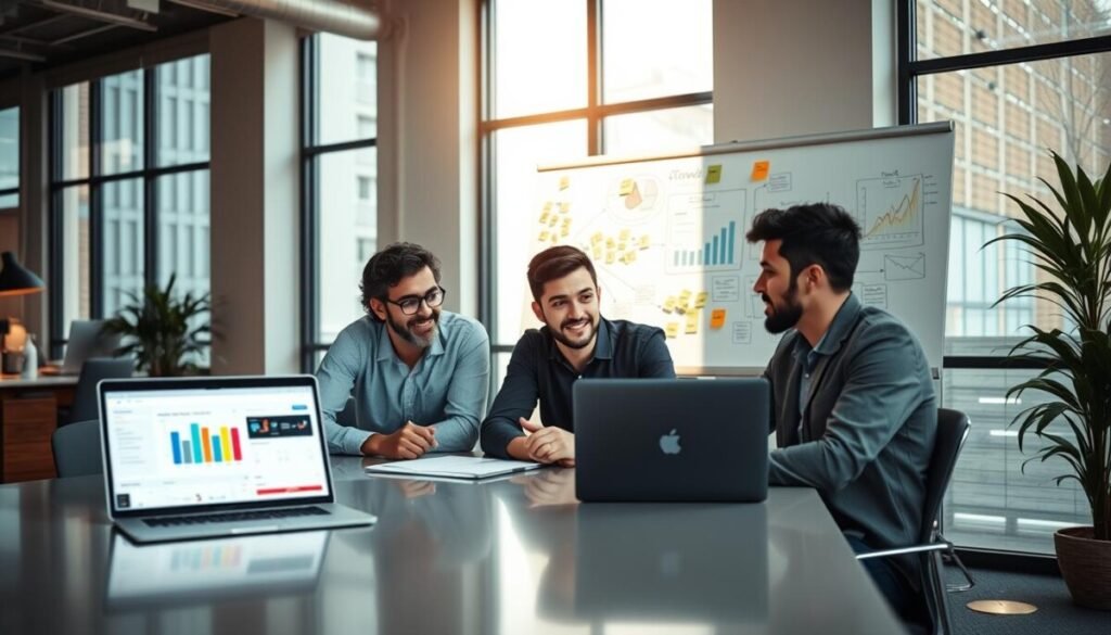A modern office environment showcasing a diverse team of professionals collaborating on optimizing workflow using project management tools. In the foreground, a group of three individuals—two men and one woman—are seated around a sleek conference table, intently discussing a colorful digital dashboard displayed on a laptop. The middle ground features a large whiteboard filled with notes, sticky post-its, and flowcharts, highlighting their agile project strategy. In the background, large windows allow natural light to flood the room, casting soft shadows. The atmosphere is dynamic and focused, reflecting a sense of collaboration and innovation, with warm tones and a clean aesthetic. The scene captures the essence of teamwork and organization in a bustling yet harmonious workspace.