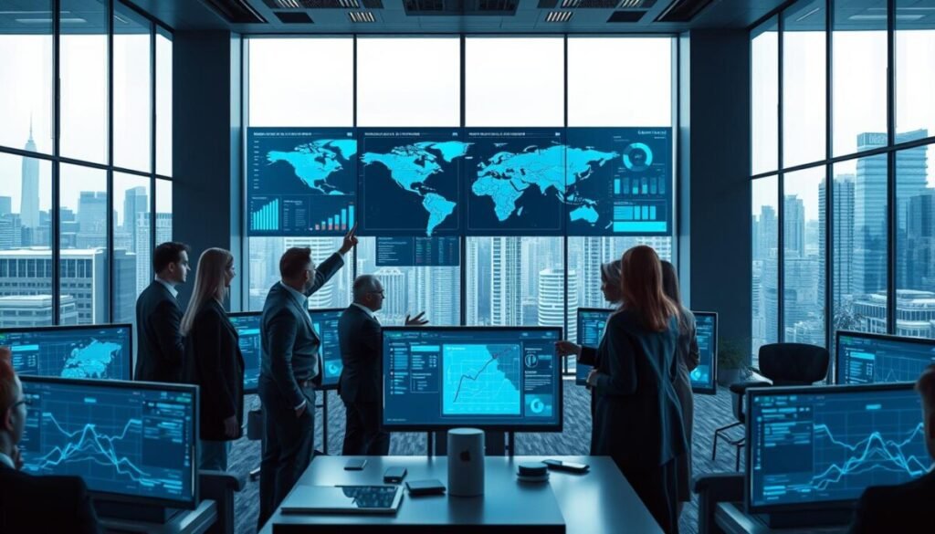 A modern office environment showcasing a high-tech security operations center. In the foreground, a diverse group of professionals in business attire, analyzing data on multiple screens displaying graphs and security metrics. One individual points at a large digital map highlighting threat detection zones, creating an atmosphere of collaboration and focus. In the middle, sleek monitors with real-time AI threat detection interfaces glow, surrounded by stylish furniture. The background reveals large windows with a city skyline, bathed in soft, natural light that enhances the futuristic yet professional ambiance. The overall mood conveys urgency and innovation, with a color palette of blues and grays, symbolizing technology and trust. The image should evoke a sense of strategic exploration in cybersecurity.