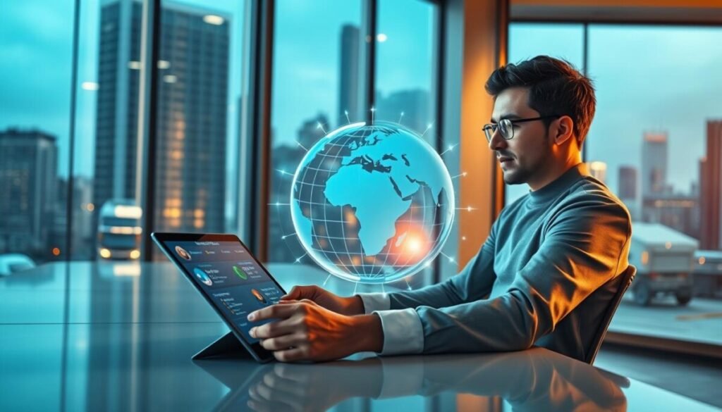 A modern office environment showcasing a professional business person sitting at a sleek desk, engaging with a digital tablet. In the foreground, the tablet screen displays an intuitive interface highlighting customer feedback and delivery tracking. The middle layer features a virtual 3D globe representing global reach and secure delivery logistics, intertwined with glowing lines symbolizing seamless connectivity. In the background, large windows reveal a bustling cityscape, drenched in warm, natural light, creating an inviting atmosphere. The mood is optimistic and focused, accentuated by soft shadows and reflections. The image should embody innovation and efficiency while depicting the importance of enhancing customer experience through technology.