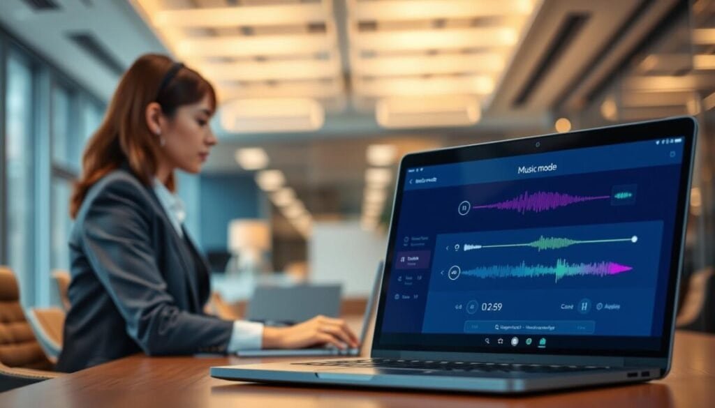A modern office environment showcasing a professional female figure sitting at a desk, wearing business attire, focused on a laptop with a sleek interface showing "music mode" settings. In the foreground, the laptop’s screen displays colorful sound wave graphics and intuitive audio controls, emphasizing the technology aspect. The middle ground features a blurred background of a stylish office with soft overhead lighting, creating a calm and productive atmosphere. The lighting is warm and inviting, with a slight bokeh effect in the background to enhance focus on the subject. The scene conveys a sense of clarity and concentration, embodying the concept of enabling noise cancellation for an optimal audio experience.