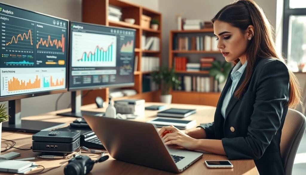 A modern office environment showcasing a professional software testing setup. In the foreground, a focused young woman in business attire is examining analytics data on a laptop, her brow furrowed in concentration. To her side, a large monitor displays graphs and event metrics related to server-side tracking, with colorful data visualizations. In the middle ground, a desk strewn with technical devices like smartphones and tablets, suggesting a multi-device testing scenario. In the background, soft-focus shelves filled with books and tech paraphernalia create a warm, intellectual atmosphere. The lighting is bright, with natural daylight streaming through a window, casting gentle shadows that convey a sense of clarity and precision in the testing process. The overall mood is one of focus, professionalism, and technological enthusiasm.