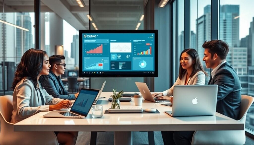 A modern office environment showcasing a professional team collaborating on HubSpot's CRM-driven email marketing. In the foreground, a diverse group of three professionals—two women and one man—are seated around a sleek table covered with laptops and digital devices, all wearing smart business attire. In the middle, a large screen displays engaging email campaign analytics, colorful charts, and graphs. The background features glass walls with city views, bathed in natural light streaming in. Soft, warm lighting adds a welcoming atmosphere, emphasizing teamwork and innovation. The scene captures the essence of strategic marketing alignment, highlighting the dynamic flow of creativity and technology in a B2B SaaS context.