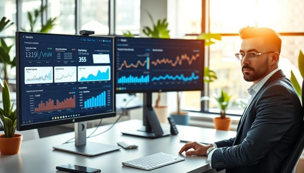 A modern office environment showcasing a sleek workstation with dual monitors displaying email analytics and deliverability metrics. In the foreground, a confident business professional in smart casual attire reviews the data, reflecting focus and determination. The middle layer features a clear view of the email statistics on the screens, with vibrant graphs and data visualizations that illustrate successful inbox placement. The background shows large windows letting in warm, natural light, creating an optimistic atmosphere filled with greenery from nearby plants. The image should convey a sense of professionalism and innovation in email marketing, shot with a wide-angle lens to capture the modern workspace effectively.