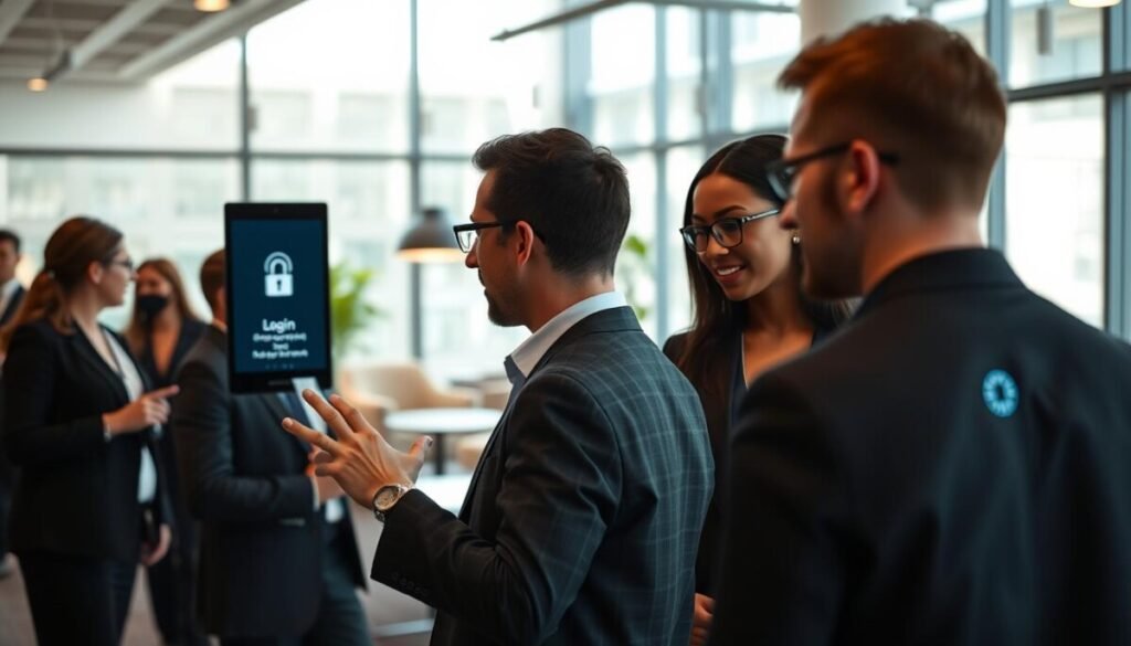 A modern office environment showcasing a streamlined user login experience. In the foreground, a diverse group of professionals, dressed in business attire, are interacting with sleek, touch-responsive screens that display biometric login options like facial recognition and fingerprint scanning. In the middle ground, a stylish meeting area features minimalist furniture and soft, ambient lighting. The background showcases large windows with bright natural light pouring in, illuminating the space and accentuating a sense of openness and innovation. The atmosphere is infused with a sense of efficiency and ease, reflecting the transformation in user experiences, minimizing IT hassles. Use a medium focal length lens to create depth while maintaining focus on the engaged users.