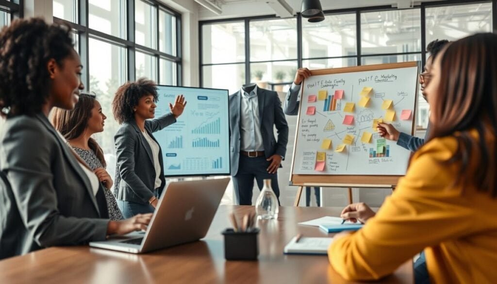 A modern office environment showcasing a team of diverse professionals engaged in a collaborative meeting focused on enhancing email marketing deliverability. In the foreground, a Black woman in smart business attire types on a laptop, while a Hispanic man gestures toward a large digital display illustrating key metrics and strategies. The middle ground features a brainstorming session with sticky notes and charts on a whiteboard, hinting at innovative ideas to tackle common email campaign challenges. The background includes large windows with natural light streaming in, giving a bright and optimistic atmosphere. The scene is captured with a warm color palette, emphasizing teamwork and creativity, perfect for a professional business article on email automation strategies.