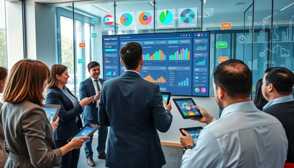 A modern office environment showcasing a vibrant loyalty program concept. In the foreground, a diverse group of professionals in business attire, engaged in a discussion, with digital tablets displaying colorful loyalty program dashboards. The middle section features a large screen displaying various customer segmentation data and rewards options, surrounded by dynamic visual graphs. The background includes sleek glass walls adorned with digital visuals symbolizing customer loyalty, such as reward points and repeat purchases. Bright, natural lighting streams through the windows, creating an inviting atmosphere. The camera angle is slightly tilted for a dynamic perspective, aiming to evoke a sense of innovation and collaboration in the realm of customer loyalty strategies.