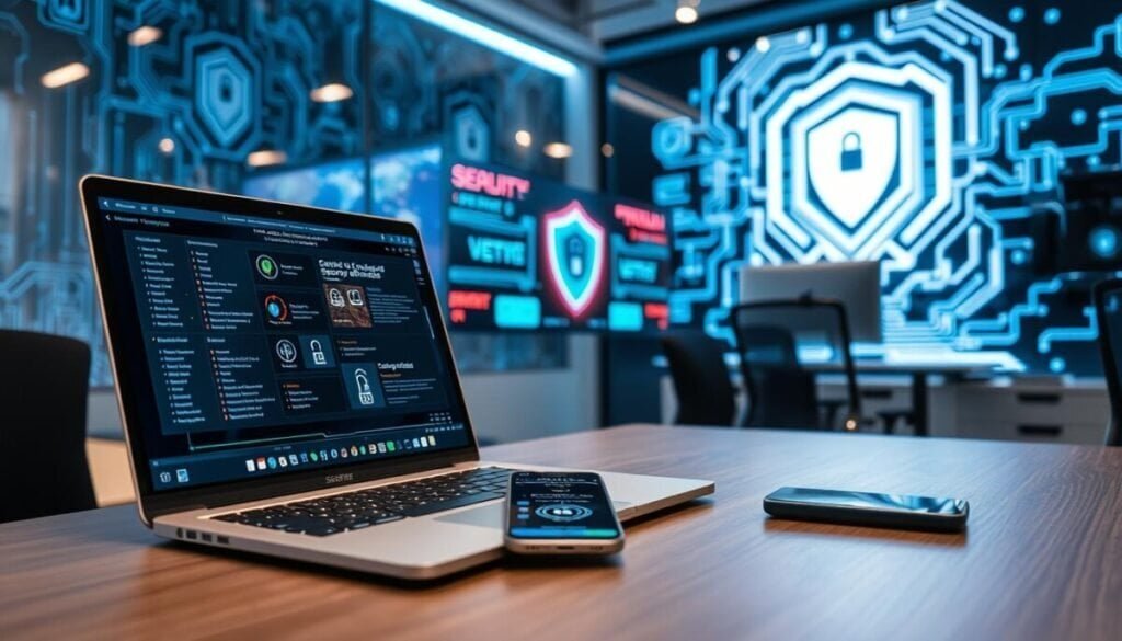 A modern office environment showcasing advanced cybersecurity tools. In the foreground, a sleek laptop is open, displaying a complex interface with multiple security monitoring alerts. Beside it, a smartphone with a digital security app interface is visible. In the middle ground, a large digital screen shows dynamic firewall defenses and data encryption visualizations. Background elements include a futuristic digital wall with glowing circuit patterns and a soft blue light emanating from various devices, enhancing the high-tech ambiance. The space is tidy and well-organized, suggesting professionalism. The overall mood is secure and vigilant, portraying a sense of high-level protection against identity theft. The lighting is bright and clear, suggesting a focus on innovation and trust. A modern office environment showcasing advanced cybersecurity tools. In the foreground, a sleek laptop is open, displaying a complex interface with multiple security monitoring alerts. Beside it, a smartphone with a digital security app interface is visible. In the middle ground, a large digital screen shows dynamic firewall defenses and data encryption visualizations. Background elements include a futuristic digital wall with glowing circuit patterns and a soft blue light emanating from various devices, enhancing the high-tech ambiance. The space is tidy and well-organized, suggesting professionalism. The overall mood is secure and vigilant, portraying a sense of high-level protection against identity theft. The lighting is bright and clear, suggesting a focus on innovation and trust.