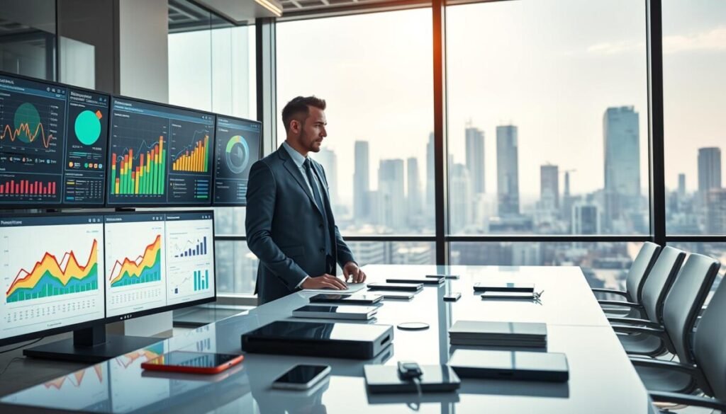 A modern office environment showcasing advanced marketing and analytics tools. In the foreground, a sleek, multi-monitor setup displays colorful graphs, data analytics dashboards, and charts that reflect real-time marketing performance. A business professional, dressed in smart attire, is focused on the screens, actively engaging with the data. In the middle, a high-tech conference table is scattered with futuristic gadgets like tablets and smartphones, highlighting digital communication tools. The background includes a large window with a city skyline, allowing natural light to illuminate the space, creating a vibrant and productive atmosphere. The overall mood is dynamic and innovative, reflecting the essence of digital transformation in small businesses.