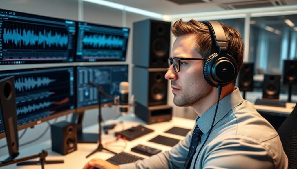 A modern office environment showcasing advanced voice cloning technology, prominently featuring a sleek computer setup with multiple monitors displaying waveforms and voice synthesis software. In the foreground, a professional man in business attire intently listens to audio playback through high-end headphones, with expressions of engagement and concentration. In the middle ground, an array of sound equipment, including microphones and speakers, conveys a sense of sophistication and innovation. The background reveals a clean, well-lit workspace with soft ambient lighting, enhancing the productive atmosphere. The angle captures a dynamic view that emphasizes the interaction between the professional and the technology, evoking a mood of creativity and cutting-edge advancement in AI voice cloning. A modern office environment showcasing advanced voice cloning technology, prominently featuring a sleek computer setup with multiple monitors displaying waveforms and voice synthesis software. In the foreground, a professional man in business attire intently listens to audio playback through high-end headphones, with expressions of engagement and concentration. In the middle ground, an array of sound equipment, including microphones and speakers, conveys a sense of sophistication and innovation. The background reveals a clean, well-lit workspace with soft ambient lighting, enhancing the productive atmosphere. The angle captures a dynamic view that emphasizes the interaction between the professional and the technology, evoking a mood of creativity and cutting-edge advancement in AI voice cloning.