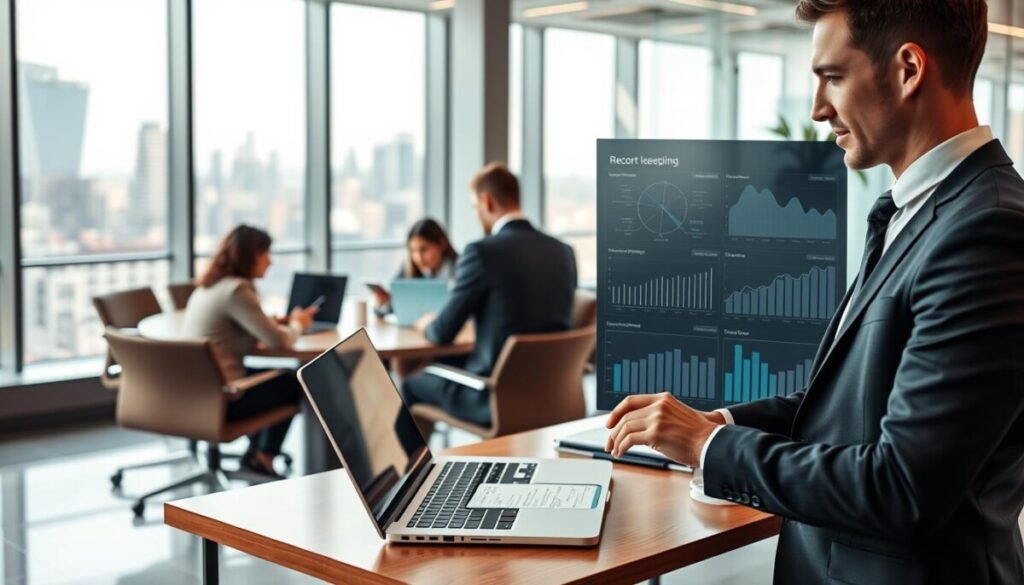 A modern office environment showcasing automated record keeping, featuring a sleek digital dashboard displaying real-time data analytics and organized documentation. In the foreground, a focused professional in smart business attire is actively engaging with the dashboard on a laptop, highlighting efficiency in workflow. The middle ground displays additional team members collaborating at a round table, immersed in digital tools and tablets, symbolizing seamless communication without meetings. The background includes large windows revealing a city skyline, providing natural light that enhances the tech-savvy atmosphere. Incorporate warm lighting to evoke a positive, productive mood, with a slight depth of field effect to emphasize the professionals in action, captured from a slightly elevated angle for perspective.