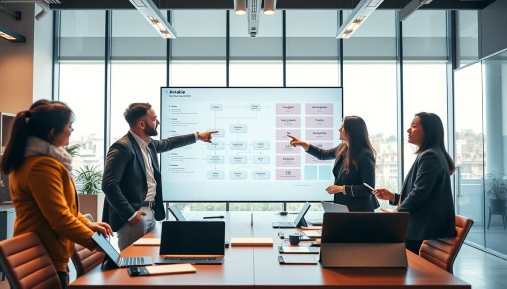 A modern office environment showcasing best practices for no-code automation. In the foreground, a diverse group of three professionals—two men and one woman—are engaged in a discussion, pointing at a large digital screen displaying flowcharts and automation processes. They are dressed in smart business attire. In the middle ground, a sleek desk cluttered with tablets, laptops, and visual organization tools like Airtable. The background features large windows with natural daylight flooding the room, creating a bright and inspiring atmosphere. The lighting is warm and inviting, emphasizing teamwork and innovation in no-code solutions. The angle is slightly overhead, capturing the dynamic interaction among the team while highlighting the digital workflow displayed on the screen. The overall mood is collaborative and forward-thinking, perfect for illustrating advanced automation concepts.
