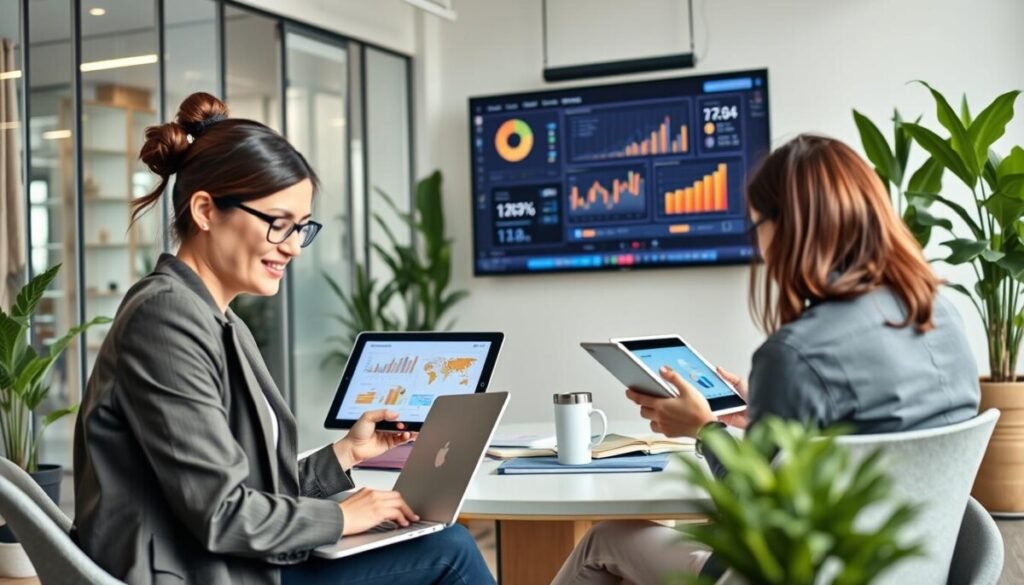 A modern office environment showcasing diverse professionals engaged in asynchronous collaboration. In the foreground, a woman in smart casual attire focuses on her laptop, illustrating productivity and concentration. In the middle layer, two colleagues, one man and one woman, are connecting via video call on tablets, discussing ideas amidst vibrant charts displayed on a wall-mounted screen, symbolizing streamlined workflows. The background features glass panels, plants, and an open space design to evoke a sense of transparency and teamwork. Soft, natural lighting floods the area, enhancing a warm and inviting atmosphere. The image conveys innovation, efficiency, and the harmonious integration of technology in global communication.