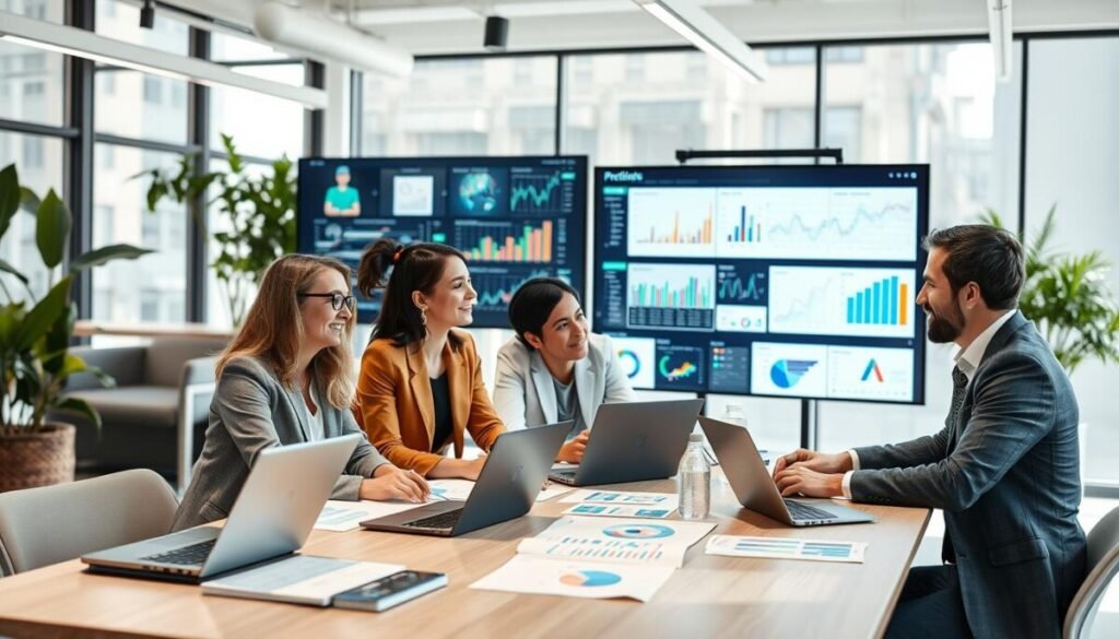 A modern office environment showcasing industry-specific use cases for predictive analytics tools in small businesses. In the foreground, a diverse group of three professionals in business attire—two women and one man—engaged in a brainstorming session around a table filled with laptops, charts, and predictive analytics visuals. In the middle ground, a large screen displays dynamic graphs and data analyses relevant to different industries such as retail, healthcare, and finance, highlighting real-world applications. The background features a bright, open office space with large windows letting in natural light, plants, and a collaborative atmosphere. The mood is focused and innovative, emphasizing teamwork and the power of data-driven decision-making.