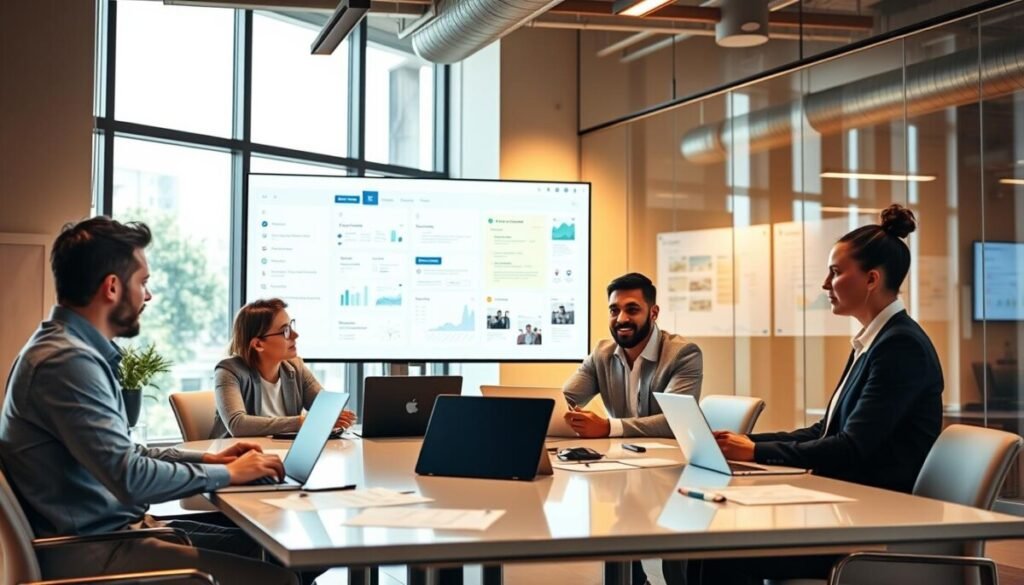 A modern office environment showcasing practical use cases of documentation tools that replace meetings. In the foreground, a diverse group of three professionals—two men and one woman—are engaged in a collaborative discussion around a sleek conference table filled with laptops, tablets, and digital documents. The middle layer features a large screen displaying a virtual workspace filled with charts and digital notes, representing enhanced productivity. In the background, large windows allow natural light to flood the space, illuminating smart boards and digital collaboration tools. The atmosphere conveys a sense of innovation and teamwork, with warm, inviting lighting. The professionals are dressed in smart casual attire, reflecting a modern workplace culture. The scene is captured with a wide-angle lens, emphasizing a spacious and dynamic environment conducive to collaboration.