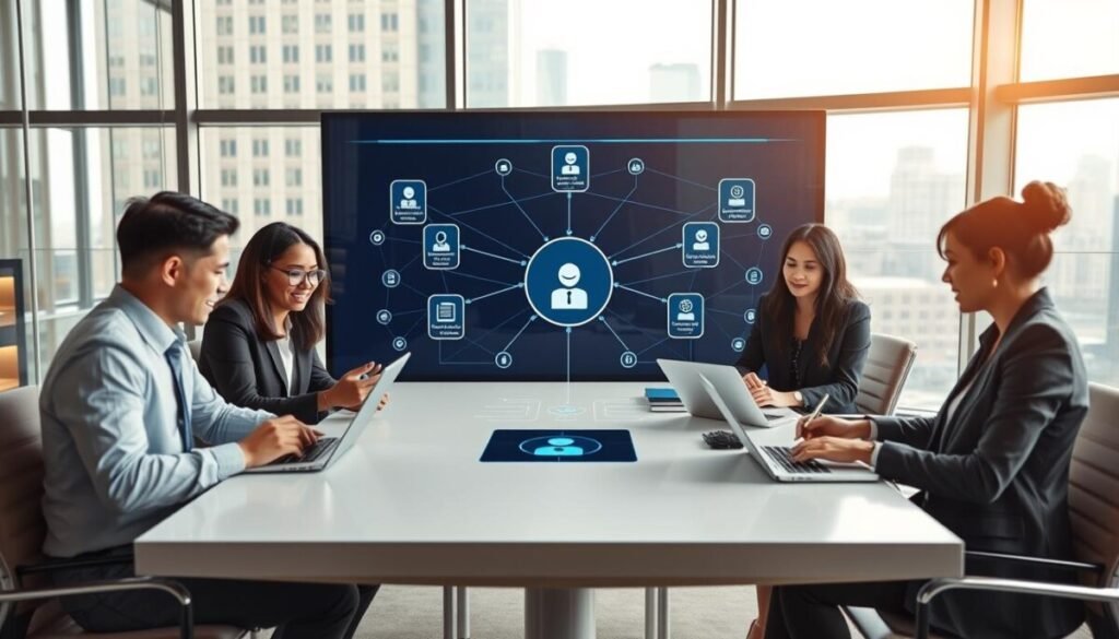 A modern office environment showcasing real-world applications of decentralized identity authentication tools. In the foreground, a diverse group of three professionals in business attire engages around a sleek conference table, discussing digital identity solutions using tablets and laptops. The middle ground features a transparent digital screen displaying a network diagram of decentralized identity systems, illustrating connections and user-centric data flow. The background includes large windows with a cityscape view, soft natural lighting flooding the room, creating an atmosphere of innovation and collaboration. The camera angle is slightly tilted from above, providing a dynamic perspective of the meeting while emphasizing the importance of security and trust in digital identities. The mood is focused and optimistic, reflecting the transformative potential of decentralized technologies in everyday business practices.