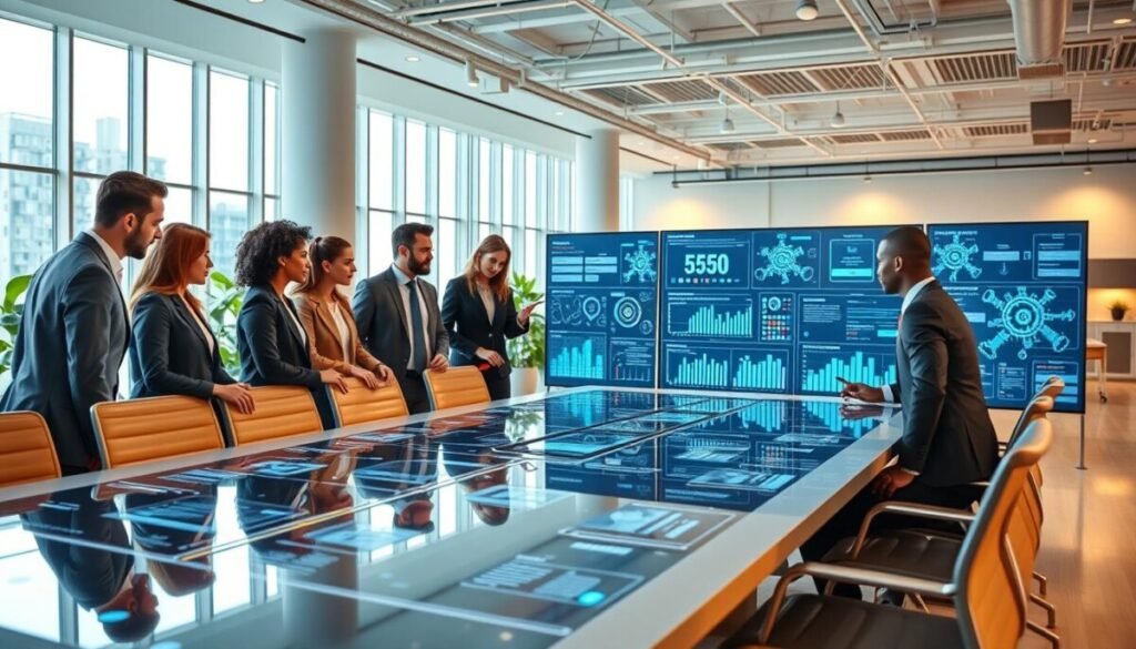A modern office environment showcasing the integration of automation with core business processes. In the foreground, a diverse team of professionals in business attire collaborates around a sleek, high-tech conference table with digital devices displaying flowcharts and analytics. The middle ground features large screens showing robotic automation graphics, such as gears and circuits, seamlessly interconnected with charts and productivity metrics. The background is a bright, open office space with large windows, allowing natural light to flood in. Soft, warm lighting enhances the vibrant atmosphere, conveying a sense of innovation and teamwork. The overall mood is dynamic and forward-thinking, emphasizing efficiency and technology in business settings.