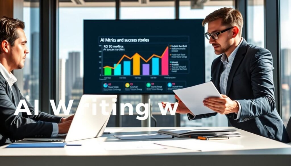 A modern office environment showcasing three professionals reviewing a digital report on AI writing tools. In the foreground, a diverse group of two men and one woman in smart business attire, deeply engaged in discussion, with laptops open and notes scattered. The middle background features a large screen displaying a colorful graph illustrating ROI metrics and success stories. The setting is bright and well-lit, with natural light streaming through large windows. In the background, a city skyline can be seen, conveying a sense of innovation. The mood is collaborative and focused, with a sense of urgency and positivity, highlighting the tangible benefits of AI solutions in a professional context.
