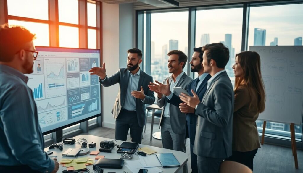 A modern office environment where professionals collaborate over digital interfaces showcasing no-code platform prototypes. In the foreground, a diverse group of three individuals in business attire, engaged in an intense brainstorming session, gestures animatedly towards a large interactive screen displaying graphs, charts, and application designs. The middle ground features an array of advanced tech gadgets, sticky notes, and whiteboards filled with ideas symbolizing the creativity of no-code tools. In the background, large windows bathe the room in warm daylight, with a futuristic cityscape visible outside, hinting at technological advancement. The atmosphere is energetic and innovative, highlighting the potential and excitement surrounding emerging trends in no-code platforms. The shot is taken from a slightly elevated angle to capture the entire scene, with soft focus around edges enhancing the central activity.