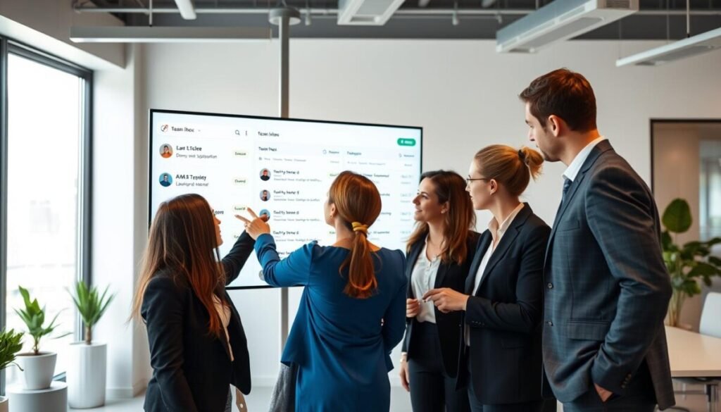 A modern office environment with a digital screen displaying team inbox conversations in a clear, user-friendly interface. In the foreground, a diverse group of three professionals in business attire—two women and one man—are closely discussing the screen, pointing at the specific conversations. The middle section features a large monitor showing a graphical representation of ticket assignments and personal assignment preferences, emphasizing collaboration and communication. The background includes a sleek workspace with potted plants and a window letting in natural light, creating a bright and inviting atmosphere. The image conveys a sense of teamwork, focus, and innovation, with soft, warm lighting to enhance the professional mood, shot from a slightly elevated angle to capture all elements effectively.