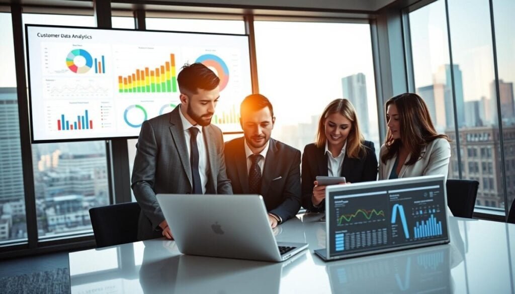 A modern office environment with a large digital screen displaying colorful graphs and customer data analytics. In the foreground, a diverse group of four professionals—two men and two women—dressed in business attire, are analyzing data together at a sleek conference table. Their expressions show collaboration and insight. In the middle ground, a stylish laptop and tablet showcase detailed data visualizations. The background features large windows allowing natural light to flood the room, casting a warm glow. A city skyline can be seen outside, emphasizing a bustling, innovative atmosphere. The overall mood conveys a sense of productivity and teamwork, highlighting the importance of data integration in marketing strategies.