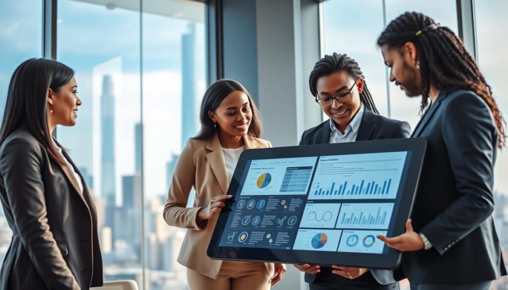 A modern office environment with a large glass window showcasing a city skyline in the background, symbolizing growth and opportunity. In the foreground, a diverse group of three professionals engaged in a discussion around a sleek, digital interactive display filled with charts and graphs illustrating cost scalability of open-source BI tools. The individuals are dressed in smart business attire, with a sense of collaboration and focus conveyed through their expressions. Soft, natural lighting illuminates the scene, enhancing the clarity of the data on the screen. The atmosphere is professional yet inspiring, suggesting innovation and accessibility in business intelligence practices. The angle is slightly elevated, providing a clear view of the display while maintaining the dynamic interaction between the colleagues.