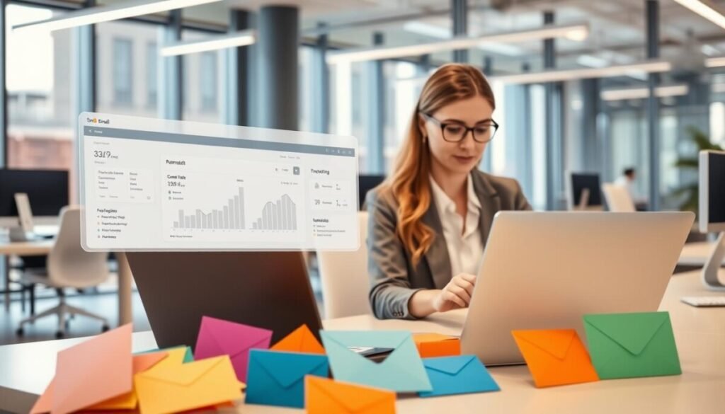 A modern office environment with sleek desks and digital devices, featuring a professional woman in business attire, focused on her laptop as automated email notifications pop up on the screen. In the foreground, an array of colorful envelopes symbolizes incoming and outgoing emails. The middle ground includes a digital dashboard displaying email statistics and automation tools, with graphs and metrics. The background shows a bright office space with large windows allowing natural light to flood in, creating an inviting and productive atmosphere. Soft, warm lighting highlights the scene, with a shallow depth of field to emphasize the subject. The overall mood is dynamic and efficient, capturing the essence of email automation and customer follow-ups.