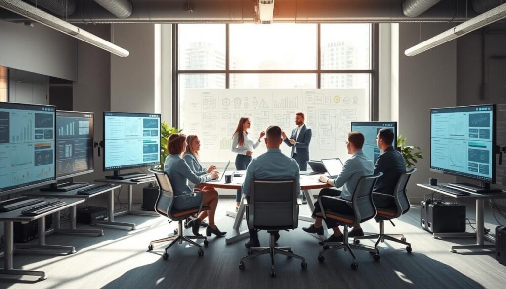 A modern office environment with specialized platforms designed for agile teams prominently featured in the foreground. Include multiple sleek computer stations with large monitors displaying collaborative project management tools and real-time data analytics. In the middle ground, show a round table with diverse professionals in business attire discussing ideas, surrounded by digital whiteboards filled with notes and diagrams. The background should feature a large window with natural light streaming in, creating a bright and inspiring atmosphere. Use a wide-angle lens to capture the dynamic layout and give a sense of teamwork and productivity. The mood should be focused and energetic, conveying an environment where innovation thrives in a seamlessly integrated agile workspace. A modern office environment with specialized platforms designed for agile teams prominently featured in the foreground. Include multiple sleek computer stations with large monitors displaying collaborative project management tools and real-time data analytics. In the middle ground, show a round table with diverse professionals in business attire discussing ideas, surrounded by digital whiteboards filled with notes and diagrams. The background should feature a large window with natural light streaming in, creating a bright and inspiring atmosphere. Use a wide-angle lens to capture the dynamic layout and give a sense of teamwork and productivity. The mood should be focused and energetic, conveying an environment where innovation thrives in a seamlessly integrated agile workspace.