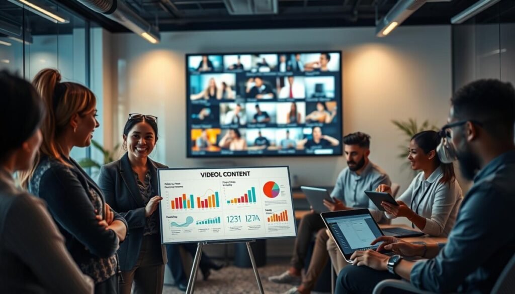 A modern office interior filled with vibrant, tech-inspired elements, showcasing a diverse group of professionals engaged in a brainstorming session. In the foreground, a confident woman in professional attire presents a visual strategy board highlighting video content analytics and optimization techniques. The middle ground features colleagues actively discussing and reviewing AI-powered video content on laptops and tablets, with charts and graphs displayed. The background showcases a large digital screen displaying dynamic video thumbnails and performance metrics, illuminated by soft, ambient lighting that sets a collaborative atmosphere. The camera angle captures the dynamics of the group, creating a sense of innovation and teamwork in an engaging, productive work environment.
