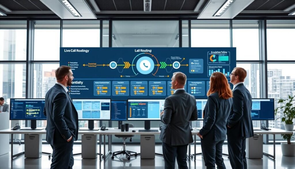 A modern office interior showcasing a large wall screen displaying a dynamic live call routing diagram. In the foreground, a diverse team of three business professionals, dressed in business attire, actively discusses the routing strategy. The middle ground features computer screens showing data analytics and escalation policies, with colorful charts and call flow graphics. The background reveals a sleek, bright workspace with large windows allowing natural light to flood in, creating a productive and focused atmosphere. The lighting is bright and evenly distributed, highlighting the central figures and their interactions. The perspective is slightly elevated, capturing the entire scene's interconnectedness, conveying a sense of management and urgency in handling incident triggers and escalation policies. A modern office interior showcasing a large wall screen displaying a dynamic live call routing diagram. In the foreground, a diverse team of three business professionals, dressed in business attire, actively discusses the routing strategy. The middle ground features computer screens showing data analytics and escalation policies, with colorful charts and call flow graphics. The background reveals a sleek, bright workspace with large windows allowing natural light to flood in, creating a productive and focused atmosphere. The lighting is bright and evenly distributed, highlighting the central figures and their interactions. The perspective is slightly elevated, capturing the entire scene's interconnectedness, conveying a sense of management and urgency in handling incident triggers and escalation policies.