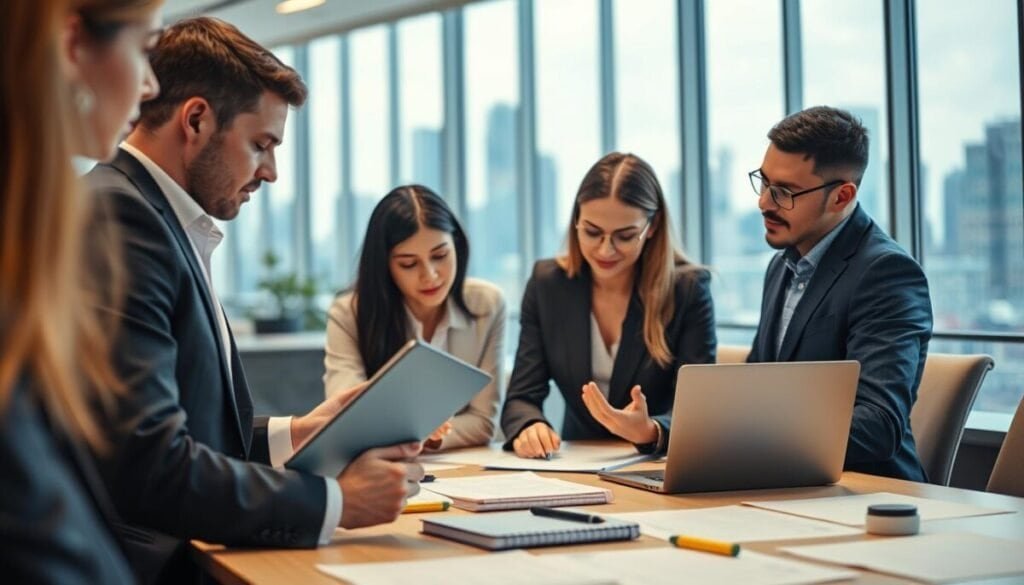 A modern office scene focused on optimizing the drafting and editing process. In the foreground, a diverse group of professionals in business attire collaborate over a sleek digital tablet and a laptop, intently discussing and revising a document. The middle ground features an organized workspace with documents, notebooks, and highlighters on a large conference table. The background showcases large windows letting in natural light, with a blurred view of a city skyline, emphasizing a productive atmosphere. Soft, warm lighting creates a welcoming environment, while a slightly elevated camera angle gives an inclusive perspective of the collaboration. The overall mood is one of focus, innovation, and teamwork in the realm of content production.