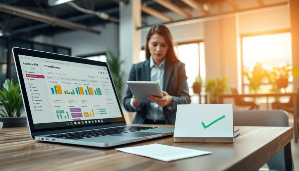 A modern office scene highlighting a digital time-off request process. In the foreground, a sleek laptop sits on a professional wooden desk, displaying an open BambooHR interface with colorful charts and calendar views. A handwritten note, neatly placed beside the laptop, has a green checkmark, symbolizing an approved time-off request. In the middle, an employee in business attire, with a focused expression, is interacting with the laptop, reflecting a sense of professionalism and engagement. The background features a well-lit office environment with a large window, allowing natural light to pour in, illuminating contemporary office furniture and potted plants, creating a welcoming atmosphere. The overall mood is productive and organized, emphasizing clarity in managing employee time-off requests and ensuring calendar visibility.