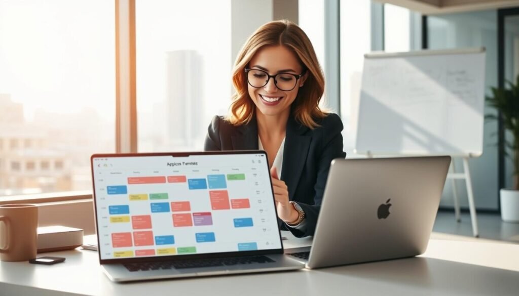 A modern office scene portraying a professional woman in smart business attire seated at a sleek desk with multiple digital devices, enthusiastically engaging with an appointment scheduling software on her laptop. The foreground features a calendar app open on a large screen, showing a colorful weekly schedule filled with appointments. In the middle ground, a whiteboard displays diagrams related to time management and workflow automation. The background includes a large window with natural light pouring in, casting soft shadows, and a cityscape view. The atmosphere is focused and efficient, reflecting a seamless blend of technology and organization, emphasizing the theme of appointment scheduling and calendar management. Use a bright, inviting color palette with a slight lens flare effect to enhance the modern aesthetic.