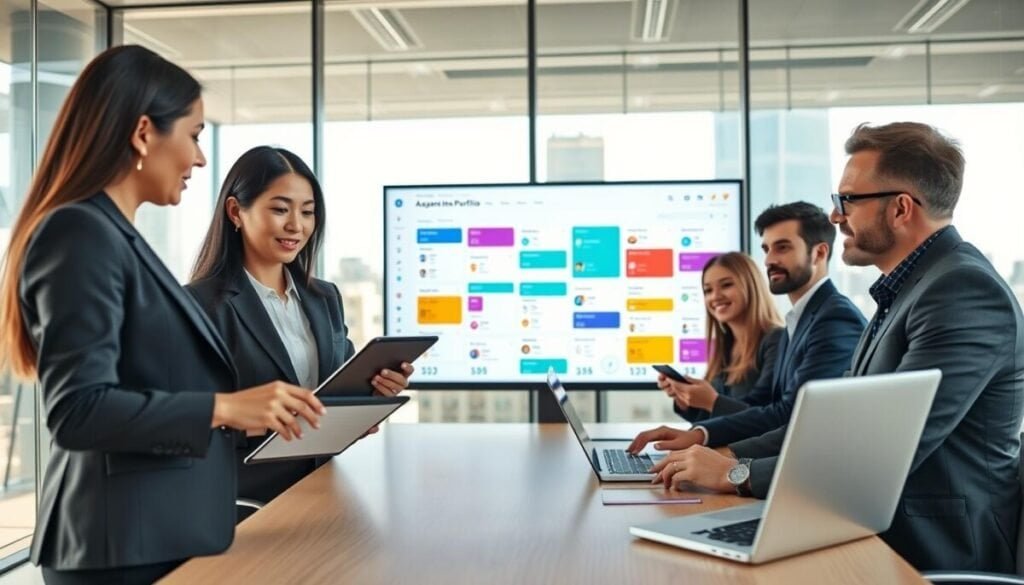 A modern office setting depicting a diverse group of professionals engaged in a project management meeting. In the foreground, a woman of Asian descent in a smart business suit is presenting data on a sleek digital tablet, while a Caucasian man in glasses takes notes on a laptop. In the middle ground, a large screen displays a dynamic Asana portfolio view with colorful project timelines and graphs, showcasing various tasks and their statuses. The background features a glass wall with city views, allowing natural light to flood the room, creating a bright and inspiring atmosphere. The image captures a sense of collaboration and strategic planning, with an overall professional and motivational mood. The angle is slightly elevated, providing an overview of the team dynamic.