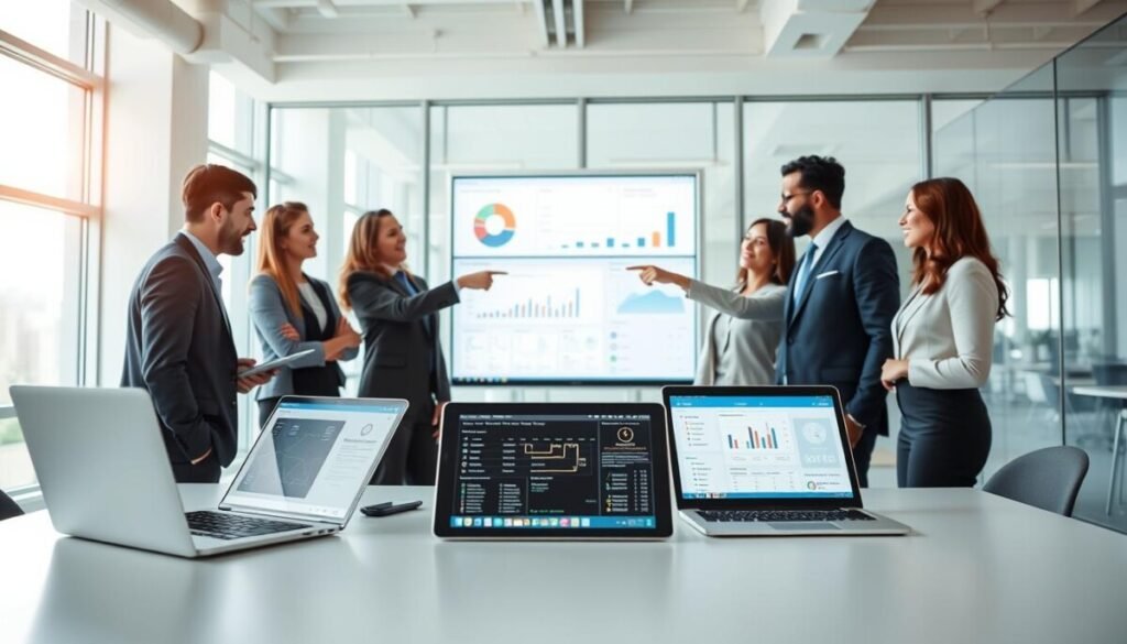 A modern office setting depicting seamless tool integration for client management. In the foreground, a sleek desk with multiple digital devices like a laptop, tablet, and smartphone, all displaying connected apps and dashboards. In the middle ground, a diverse group of professionals in business attire collaborate, pointing at a large screen showcasing data analytics and workflow diagrams. The background features a bright, open office space with large windows, allowing natural light to flood in, creating an atmosphere of innovation and efficiency. Use soft lighting to highlight the professionals' focused expressions and glowing screens, and capture the scene from a slightly elevated angle to emphasize connectivity and teamwork. The overall mood is productive and inspiring, showcasing a tech-savvy work environment.