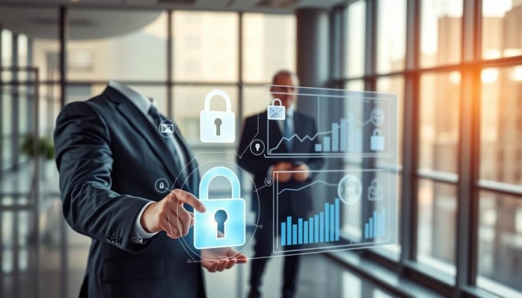 A modern office setting depicting the concept of "security" in a digital age. In the foreground, a confident professional in a smart business suit, interacting with a holographic interface displaying digital locks and security icons. In the middle ground, a transparent screen with graphs and data analytics, highlighting trust signals. The background features a sleek office environment with large windows, casting soft, natural light that creates a warm but vigilant atmosphere. The angle is slightly high, emphasizing the professionalism of the scene while layering depth into the image. The mood conveys assurance and technological advancement, reinforcing the importance of security in email identity management.