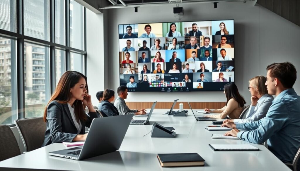 A modern office setting featuring a diverse group of professionals engaged in video messaging and asynchronous communication. In the foreground, a well-dressed woman and a man in smart casual attire are sitting at a sleek desk, staring intently at their laptops, immersed in a video call. The middle layer shows a large screen displaying a dynamic video conference with colleagues from around the world, interacting from various locations. In the background, bright windows let in natural light, enhancing the atmosphere of collaboration. The workspace is organized with notebooks and digital devices, reflecting an efficient and innovative team environment. The mood is focused yet open, emphasizing the importance of communication technology in global teamwork.