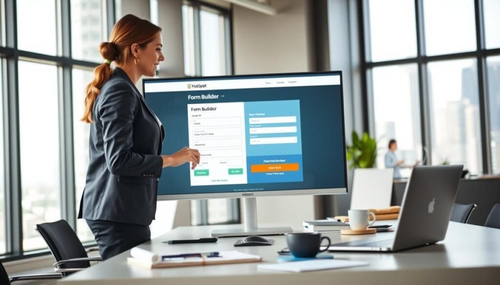 A modern office setting featuring a sleek, digital HubSpot form builder interface displayed on a large monitor. In the foreground, a professional businesswoman in smart attire is actively interacting with the form builder on the screen, with her hand poised over a touchscreen, demonstrating engagement. In the middle ground, a stylish desk is cluttered with business tools like a laptop, notepad, and coffee cup, emphasizing a productive work environment. The background reveals large windows with a cityscape view, allowing natural light to illuminate the scene, creating a bright and inspiring atmosphere. Use a slight depth of field to focus on the form builder while hinting at the lively office environment around it. Aim for a clean, professional look to capture the essence of CRM and marketing integration.