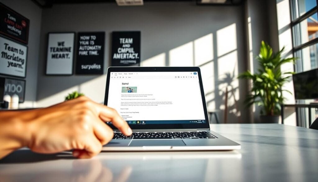 A modern office setting featuring a sleek, high-tech desk with a laptop open, displaying an email client interface. The foreground shows a hand poised over a touchpad, ready to click 'send,' symbolizing action and efficiency. In the middle, a wall is adorned with motivational artworks about teamwork and communication, while a vibrant green plant adds a touch of life. The background includes a large window with natural light streaming in, casting soft shadows across the room, creating a warm and inviting atmosphere. The shot is taken from a slight angle, capturing depth and inviting the viewer into this workspace. The mood is focused and professional, reflecting the essence of mastering automation in workflows.