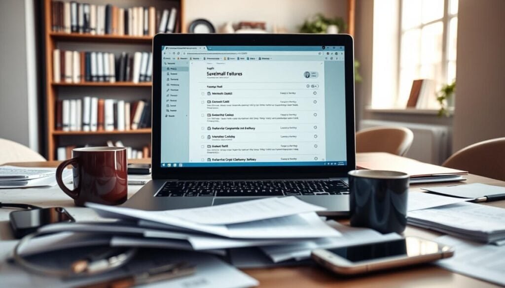A modern office setting featuring an open laptop displaying an email application with an "Outbox" folder visible on the screen. In the foreground, a cluttered desk with scattered documents, a coffee mug, and a smartphone. In the middle, the laptop is clearly the focal point, with the email interface showing messages queued for delivery, symbolizing common delivery failures. In the background, soft-focus bookshelves filled with business books provide context, while natural light spills in from a nearby window, creating a warm, inviting atmosphere. The overall mood is one of urgency and professionalism, highlighting the importance of troubleshooting email issues in a business setting. The scene is captured from a slightly elevated angle, emphasizing the laptop's screen.