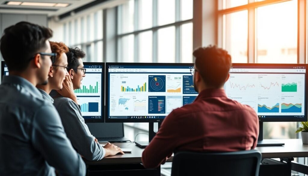 A modern office setting, featuring three computer screens side by side displaying vibrant dashboards of Metabase, Superset, and Grafana. In the foreground, a team of diverse professionals in business attire are engaged in an animated discussion, analyzing the data visualizations. The middle ground showcases the monitors with detailed graphs, pie charts, and data metrics, illuminated by soft, diffused lighting that creates a professional atmosphere. The background depicts a sleek office environment with large windows allowing natural light to flood in, highlighting a contemporary and tech-savvy workspace. Capture the mood of collaboration and innovation, emphasizing the importance of these BI tools in shaping data-driven decisions for modern enterprises. No text overlays or watermarks.