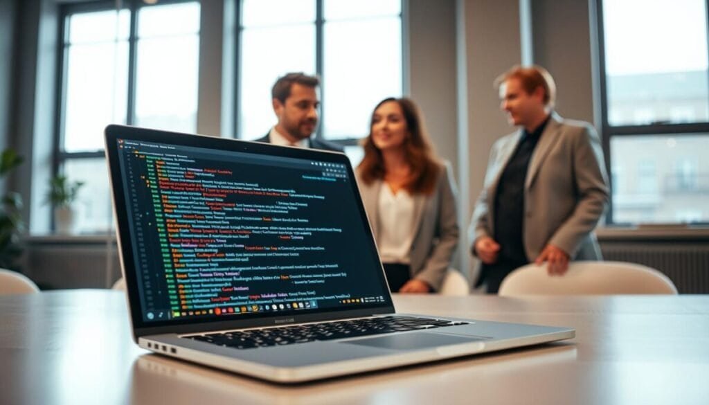 A modern office setting focusing on a sleek laptop displaying the Tactiq real-time transcription interface. In the foreground, a close-up of the laptop screen shows colorful transcription text rapidly appearing, organized neatly. In the middle, a diverse group of three professionals dressed in smart business attire is engaged in discussion, looking intently at the screen. In the background, large windows let in natural light, illuminating the room with a warm, motivational glow. The atmosphere is collaborative and dynamic, reflecting innovation and technology in action. Use a warm color palette, soft focus on the background to emphasize the professionals and the Tactiq interface, and a slight upward camera angle to convey a sense of progress and insights gained through the technology. A modern office setting focusing on a sleek laptop displaying the Tactiq real-time transcription interface. In the foreground, a close-up of the laptop screen shows colorful transcription text rapidly appearing, organized neatly. In the middle, a diverse group of three professionals dressed in smart business attire is engaged in discussion, looking intently at the screen. In the background, large windows let in natural light, illuminating the room with a warm, motivational glow. The atmosphere is collaborative and dynamic, reflecting innovation and technology in action. Use a warm color palette, soft focus on the background to emphasize the professionals and the Tactiq interface, and a slight upward camera angle to convey a sense of progress and insights gained through the technology.