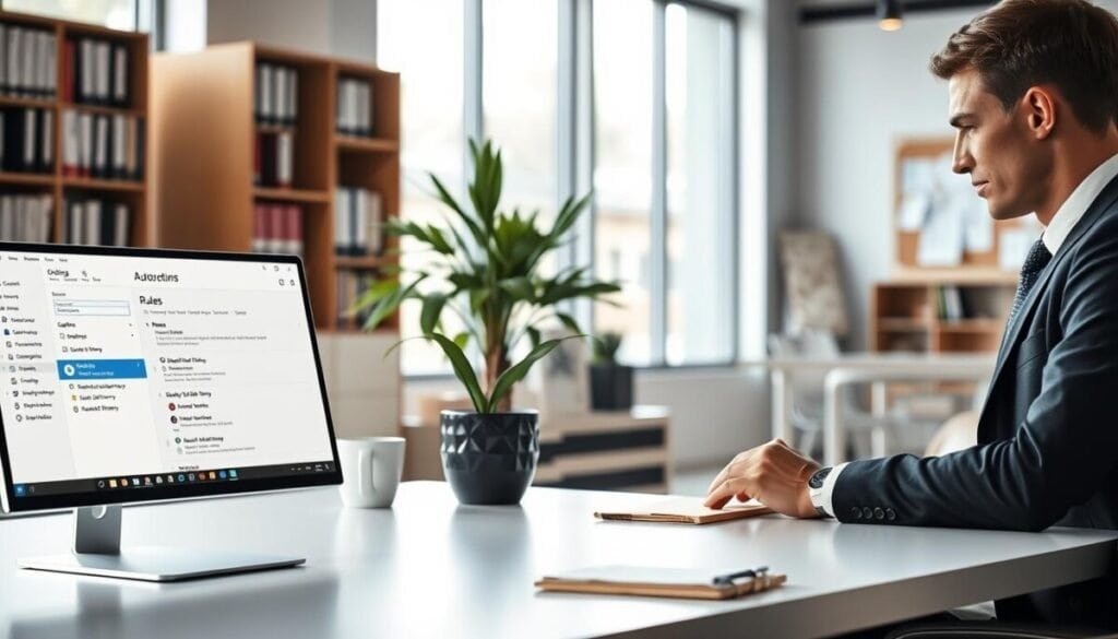 A modern office setting illuminated with natural light streaming through large windows. In the foreground, a sleek computer desk with a high-end laptop displaying the Outlook interface, focused on an automated rules configuration screen, showcasing rule options like 'Delay Delivery' highlighted. To the side, a professional individual in business attire, intently reviewing settings on the screen, exuding concentration and expertise. In the middle ground, an elegant potted plant adds a touch of greenery, while a coffee mug and notepad bring warmth to the scene. The background features a well-organized office, with shelves of books and a bulletin board, creating a productive and efficient atmosphere. The mood is one of professionalism and clarity, emphasizing the importance of email management. Soft, ambient lighting enhances the calm, focused environment.