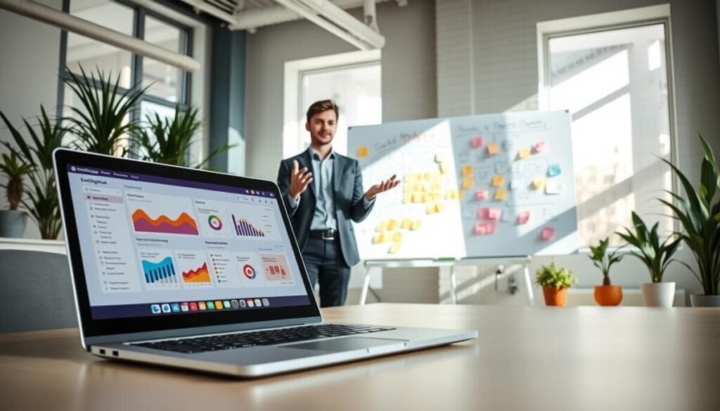 A modern office setting illustrating email marketing with the EmailOctopus platform. In the foreground, a sleek laptop displaying the EmailOctopus interface, featuring colorful charts and email templates. A professional individual, dressed in smart casual attire, gestures while explaining campaign strategies. In the middle ground, a vibrant whiteboard filled with brainstorming ideas for email campaigns, adorned with sticky notes and colorful markers. The background shows a bright, inviting workspace with potted plants and minimalistic decor, conveying a productive atmosphere. Soft natural light streams through large windows, casting gentle shadows, and creating a warm, inspiring mood. The composition has a slight angle to emphasize depth, focusing on the engagement between the person and the digital interface. A modern office setting illustrating email marketing with the EmailOctopus platform. In the foreground, a sleek laptop displaying the EmailOctopus interface, featuring colorful charts and email templates. A professional individual, dressed in smart casual attire, gestures while explaining campaign strategies. In the middle ground, a vibrant whiteboard filled with brainstorming ideas for email campaigns, adorned with sticky notes and colorful markers. The background shows a bright, inviting workspace with potted plants and minimalistic decor, conveying a productive atmosphere. Soft natural light streams through large windows, casting gentle shadows, and creating a warm, inspiring mood. The composition has a slight angle to emphasize depth, focusing on the engagement between the person and the digital interface.