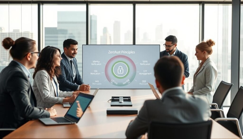 A modern office setting reflecting a zero-trust security environment leveraging Microsoft 365 Business Premium. In the foreground, a diverse group of professionals in business attire, engaged in a discussion around a conference table, with laptops open displaying Microsoft 365 interfaces. In the middle, a digital screen showcasing a graphic representation of Zero Trust principles, such as identity verification and access management. The background features glass windows with a city skyline, creating a bright and collaborative atmosphere. Soft, natural light filters through the office, enhancing the sense of innovation and security. The angle is slightly elevated to capture the dynamic interaction among team members, blending technology and teamwork seamlessly.