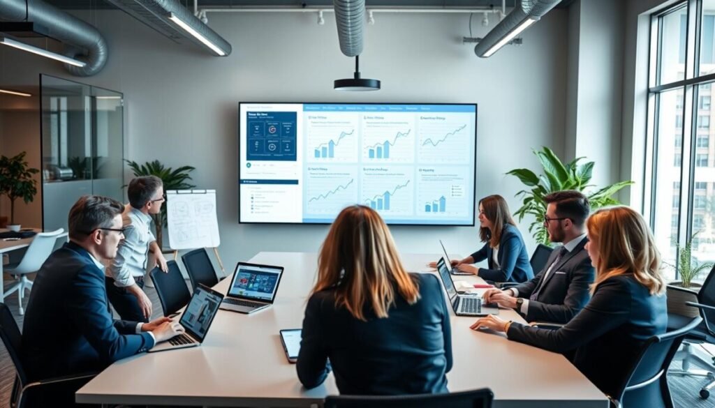 A modern office setting showcasing the best practices for implementing agency management software. In the foreground, a diverse team of professionals in business attire collaborates around a sleek conference table, discussing strategies with laptops open and digital tablets displaying complex graphs. The middle ground features a large screen with a visual representation of software workflow diagrams, highlighting streamlined processes. In the background, office elements such as large windows with natural light streaming in, plants, and ergonomic furniture are visible, creating a productive atmosphere. The lighting is bright and inviting, emphasizing a sense of teamwork and innovation. The angle should be slightly elevated, capturing the essence of collaboration and modern technology in a dynamic workspace.